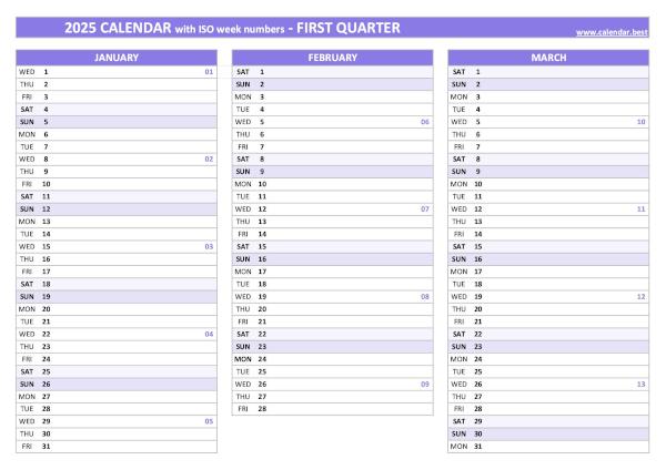 Printable 1st quarter 2025 calendar with iso week numbers, purple template Calendar for the first quarter of 2025 with iso week numbers