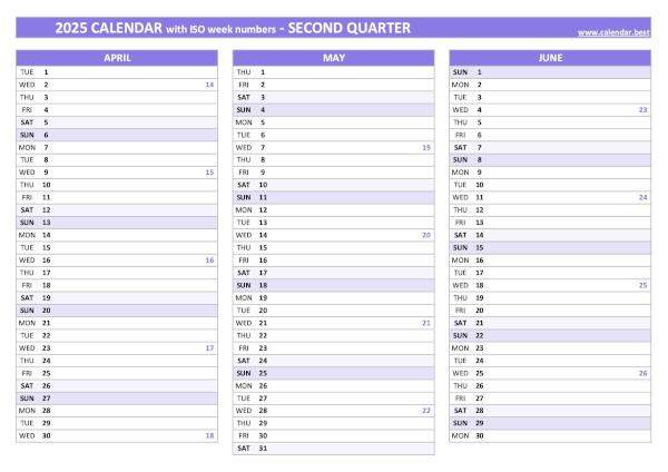 Printable 2nd quarter 2025 calendar with iso week numbers, purple template Calendar for the second quarter of 2025 with iso week numbers