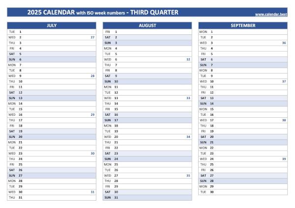Calendar for the third quarter of 2025 with iso week numbers