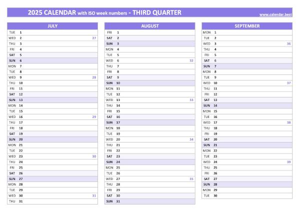 Calendar for the third quarter of 2025 with iso week numbers