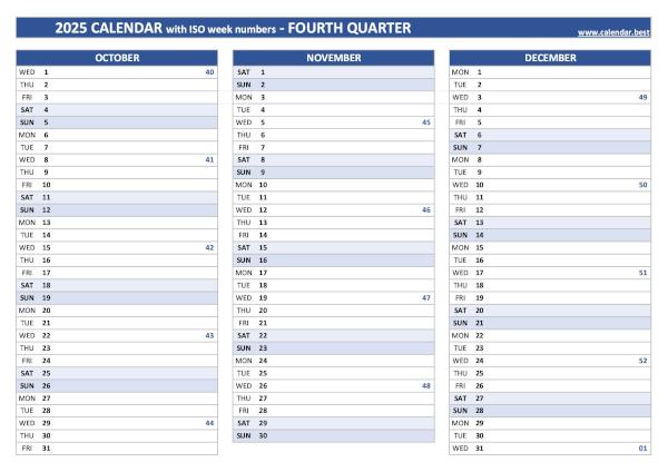 Calendar for the fourth quarter of 2025 with iso week numbers