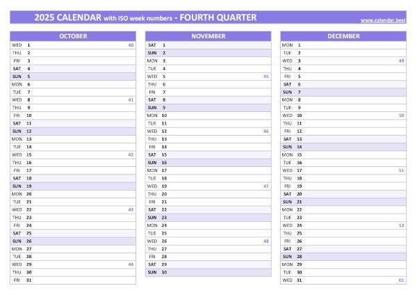 Calendar for the fourth quarter of 2025 with iso week numbers