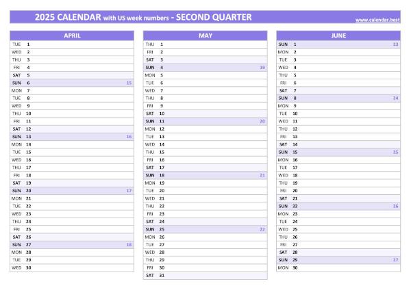 Printable 2nd quarter 2025 calendar with us week numbers, purple template Calendar for the second quarter of 2025 with week numbers