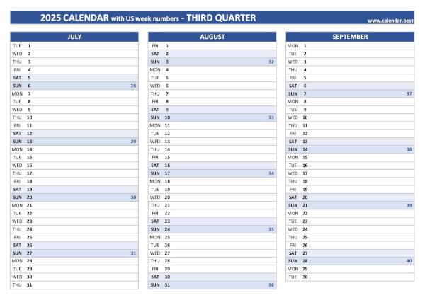 Calendar for the third quarter of 2025 with week numbers