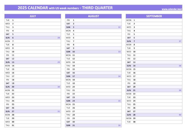 Calendar for the third quarter of 2025 with week numbers