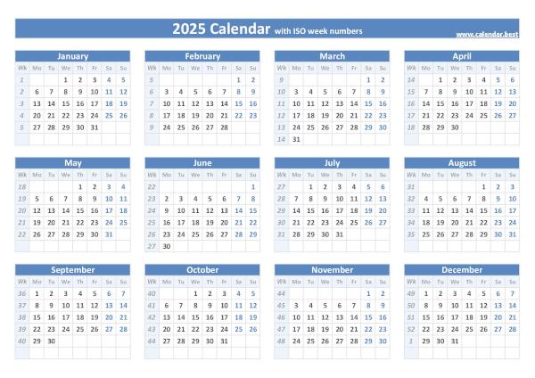2025 calendar with week numbers (US and ISO week numbers)