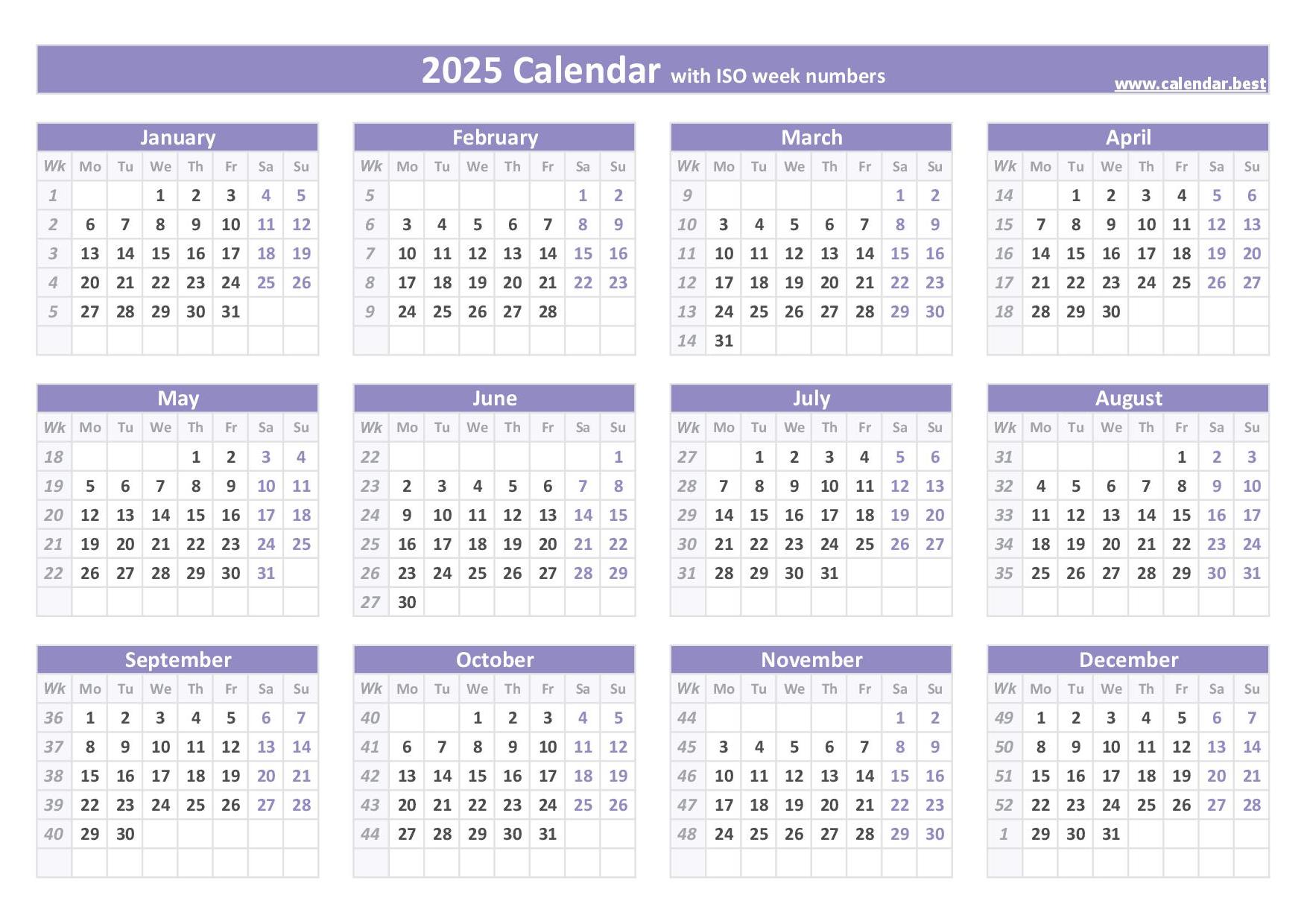 2025 calendar with week numbers (US and ISO week numbers)