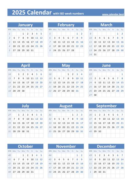 Printable 2025 calendar with ISO weeks, free dowload in pdf or jpg, portrait format, blue template. 2025 calendar with ISO weeks, blue template
