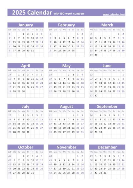 Printable 2025 calendar with ISO weeks, free dowload in pdf or jpg, portrait format, purple template. 2025 calendar with ISO weeks, purple template
