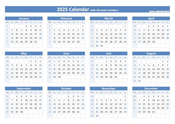 2025 calendar with week numbers.