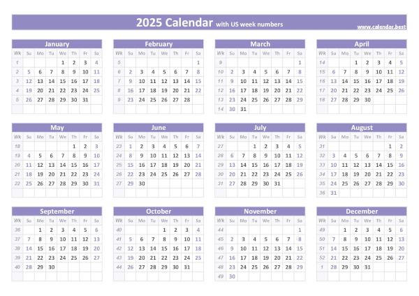2025 calendar with week numbers.