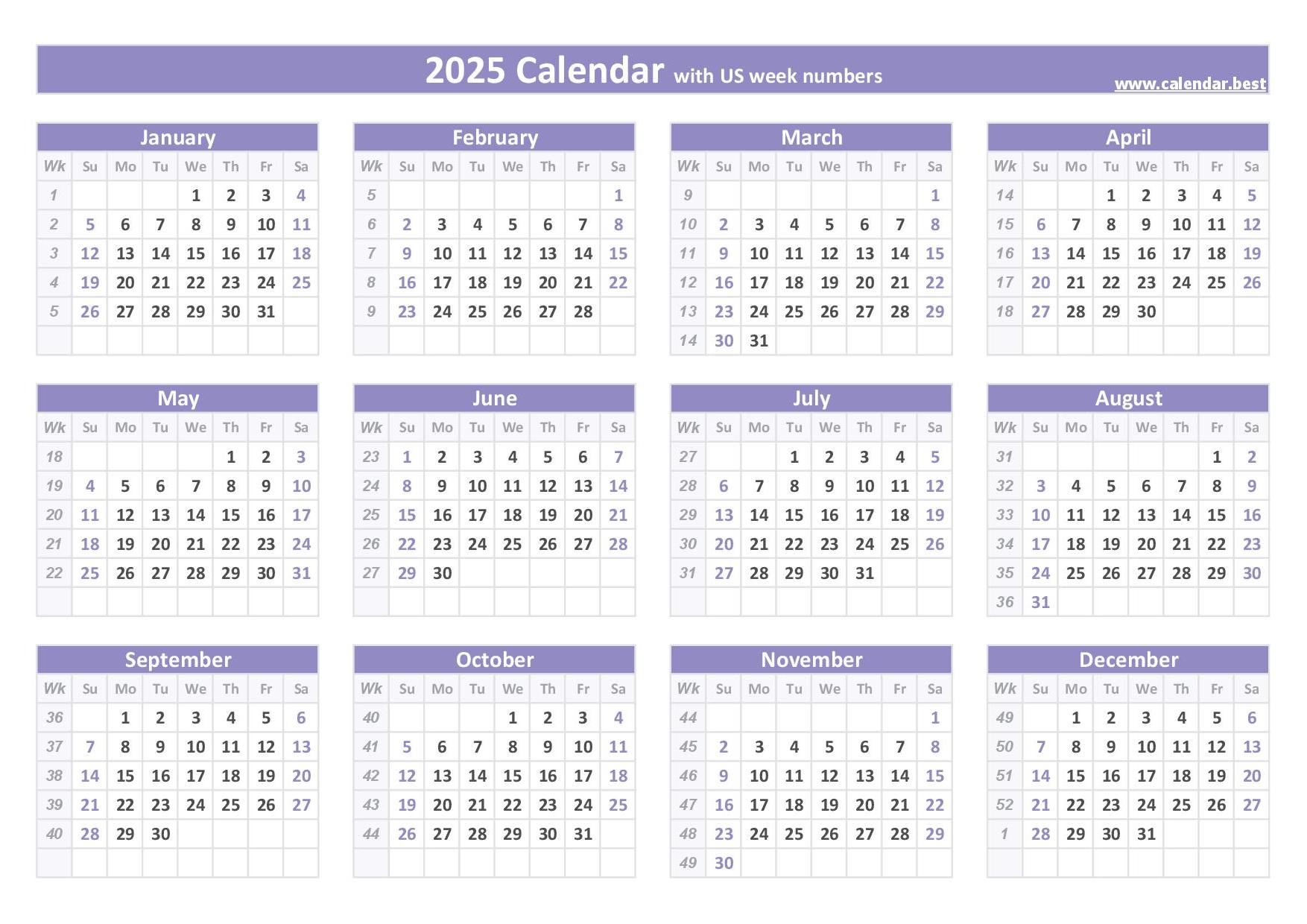 2025 calendar with week numbers (US and ISO week numbers)