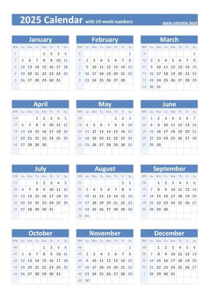 Printable 2025 calendar with US weeks, free dowload in pdf or jpg, portrait format, blue template. 2025 calendar with US weeks, blue template