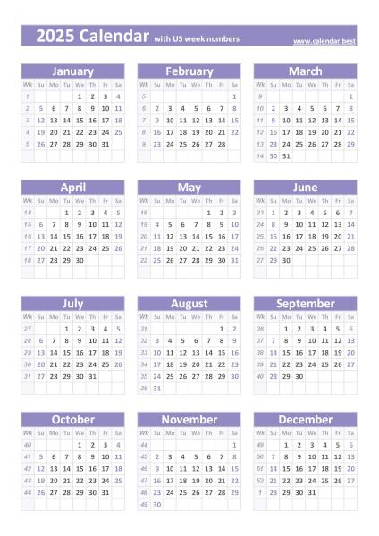 Printable 2025 calendar with US weeks, free dowload in pdf or jpg, portrait format, purple template. 2025 calendar with US weeks, purple template