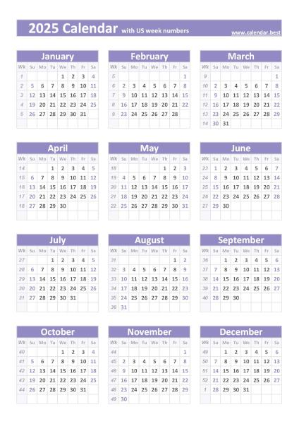 2025 calendar with US weeks, purple template