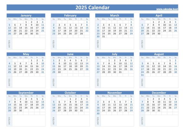 2025 calendar with blank notes