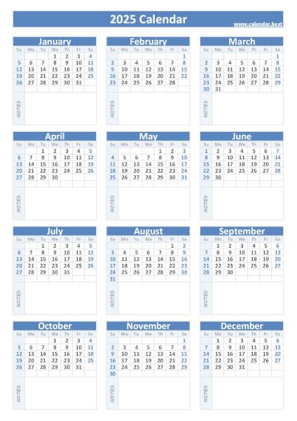 2025 calendar with blank notes