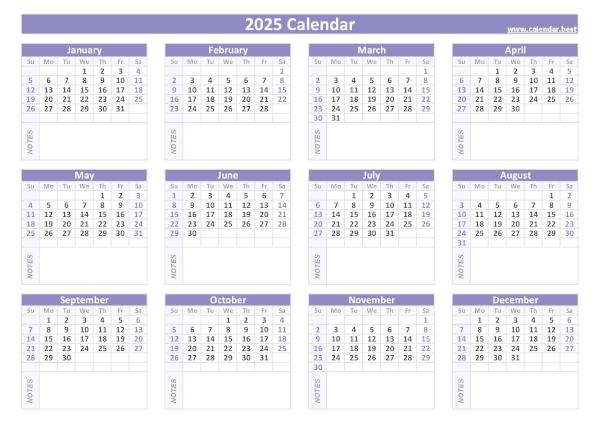 2025 calendar with blank notes