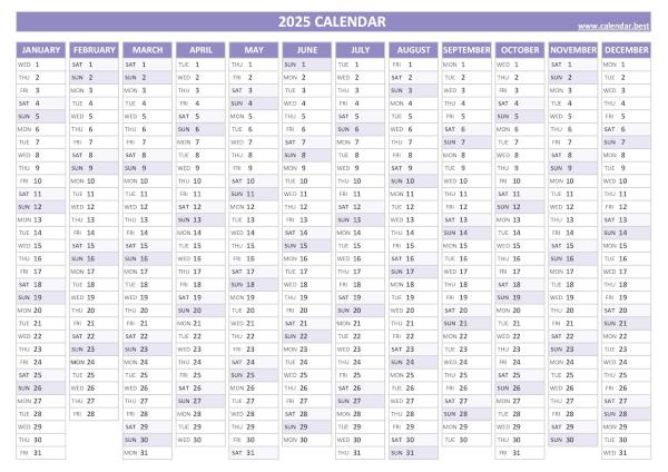Calendar 2025 printable, free download in pdf or jpg, landscape A4 version, purple template. 2025 calendar.