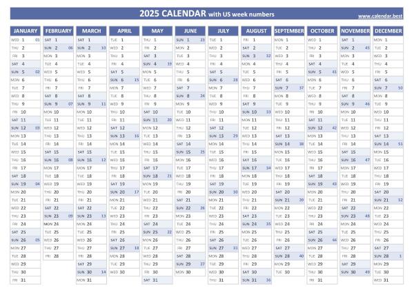 2025 yearly calendar with week numbers