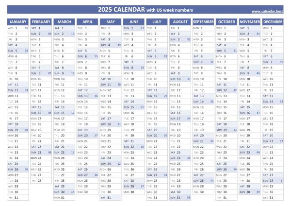 2025 calendar with week numbers (US and ISO week numbers)