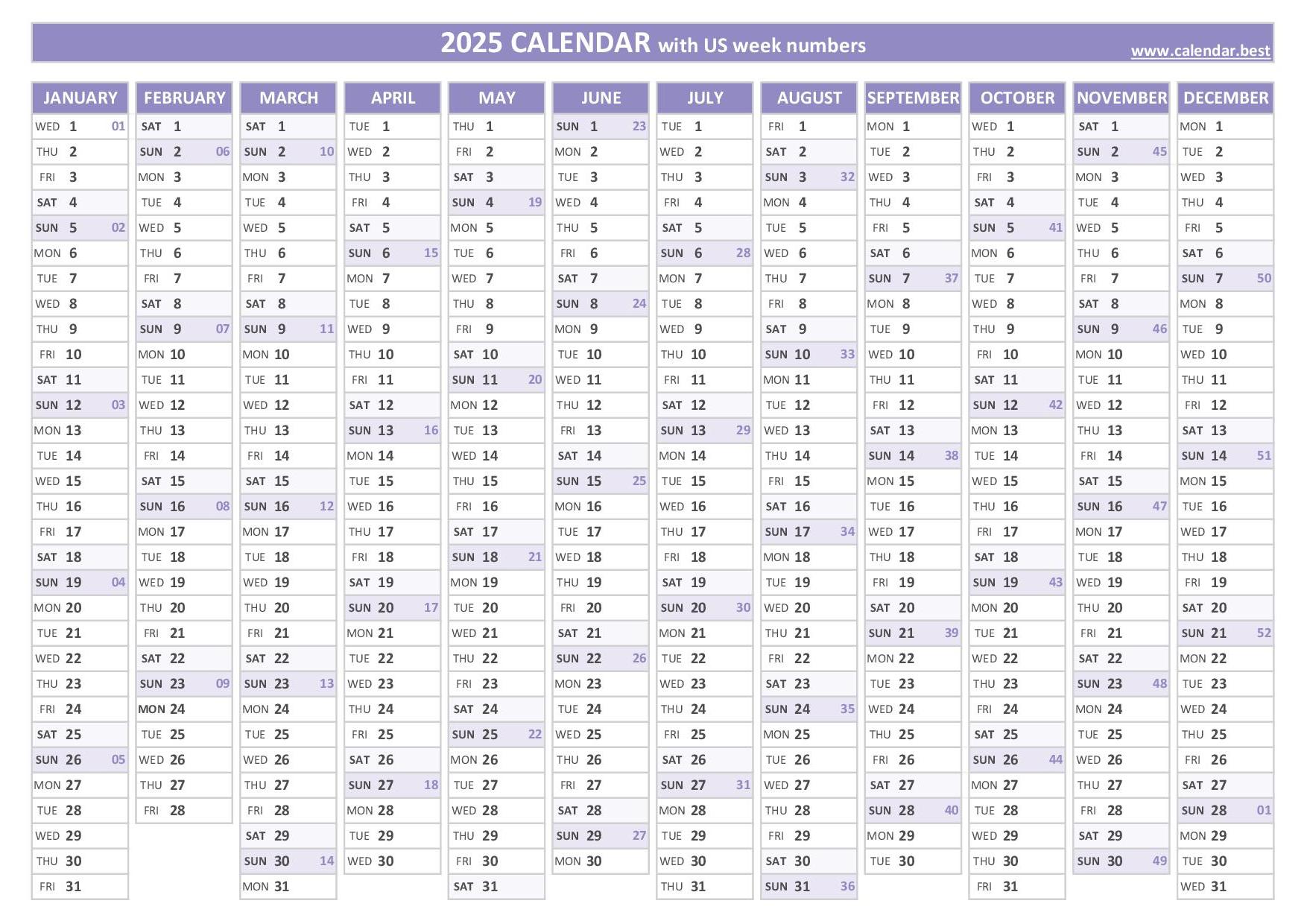 2025 calendar with week numbers (US and ISO week numbers)