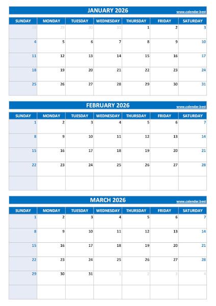 Quarterly calendar for January, February and March 2026 to download in pdf and print in A4 portrait format Calendar for 1st quarter 2026: January, February and March 2026