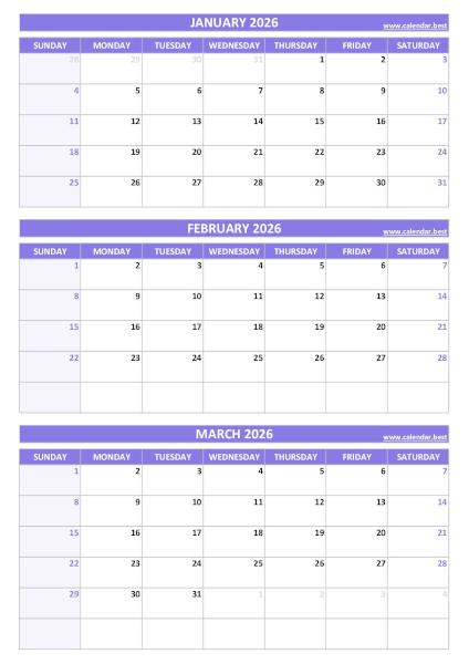 Quarterly calendar for January, February and March 2026 download pdf and print A4 portrait, purple theme Q1 Quarterly Calendar 2026 to print in portrait format