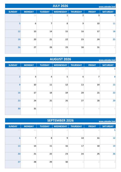 Quarterly calendar for July, August and September 2026 to download in pdf and print in A4 portrait format Calendar for 3rd quarter 2026: July, August and September 2026