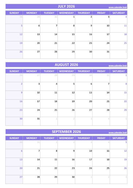 Quarterly calendar for July, August and September 2026 download pdf and print A4 portrait, purple theme Q3 Quarterly Calendar 2026 to print in portrait format