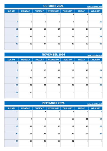 Calendar for 4th quarter 2026: October, November and December 2026