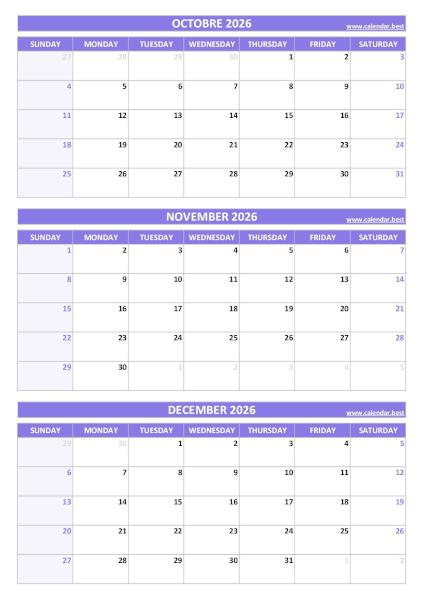 Q4 Quarterly Calendar 2026  to print in portrait format