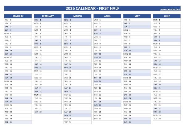 Blank calendar for first half 2026