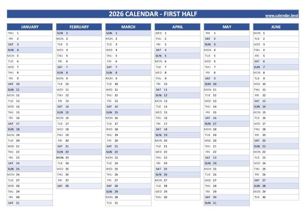 Calendar for the first 6 months of 2026 to print for free, blank version, blue template, A4 landscape format Blank calendar for first half 2026