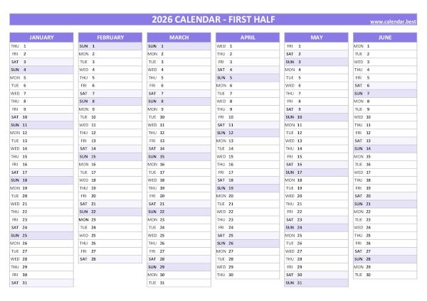 Blank calendar for first half 2026