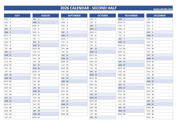 Blank calendar for second half 2026