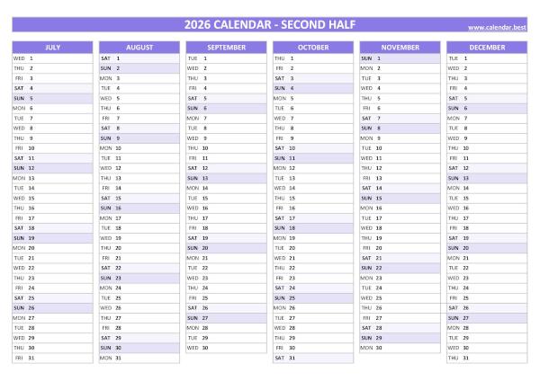 Calendar for the last 6 months of 2026 to print for free, blank version, purple template, A4 landscape format Blank calendar for second half 2026