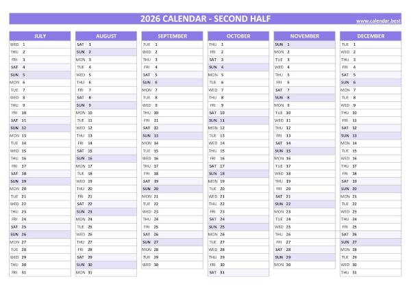 Blank calendar for second half 2026