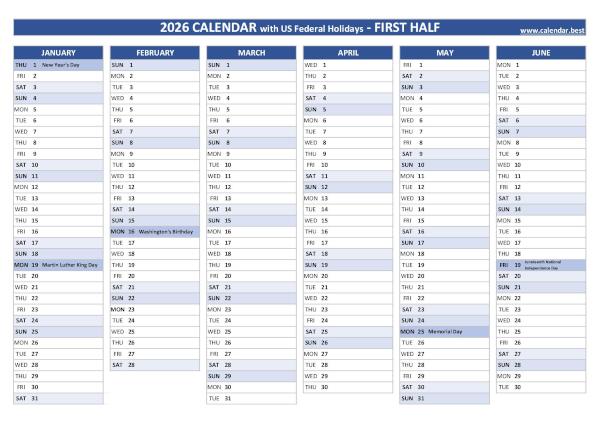 First half year calendar 2026 with holidays