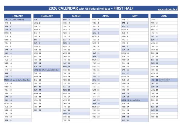 1st half 2026 calendar with holidays to print, blue template First half year calendar 2026 with holidays