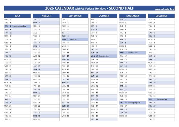 Second half year calendar 2026 with holidays