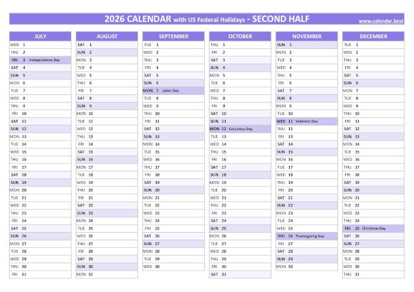2nd half 2026 calendar with holidays to print, purple template Second half year calendar 2026 with holidays