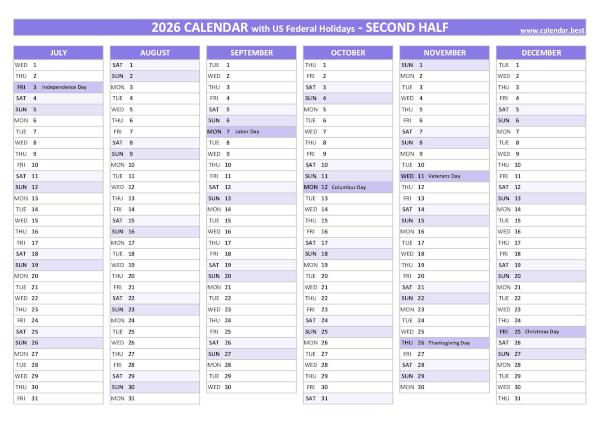 Second half year calendar 2026 with holidays