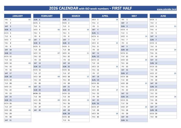 First half year calendar 2026 with ISO week numbers