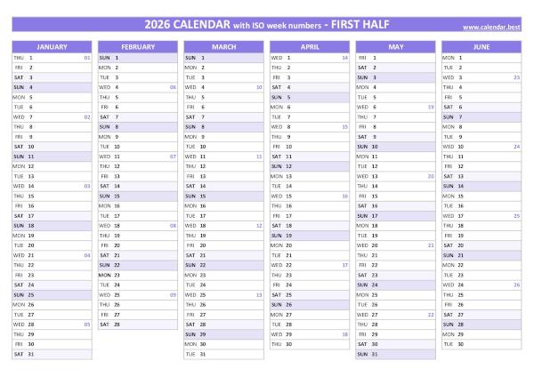 First half year calendar 2026 with ISO week numbers