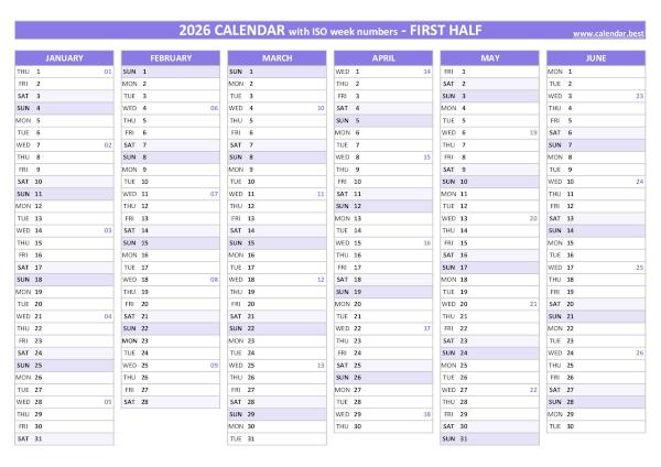 First half year calendar 2026 with ISO week numbers