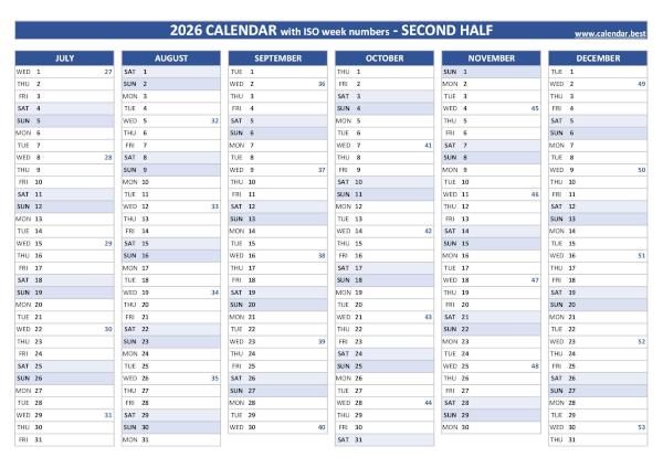 Second half year calendar 2026 with ISO week numbers