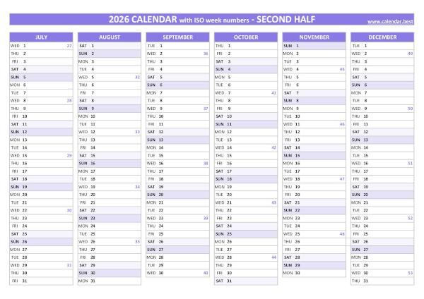 Second half year calendar 2026 with ISO week numbers