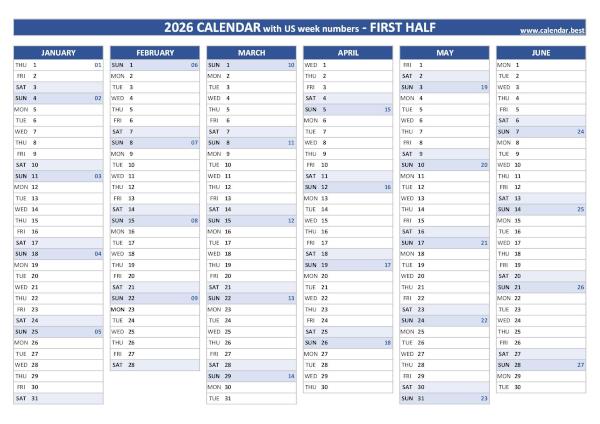 First half year calendar 2026 with US week numbers