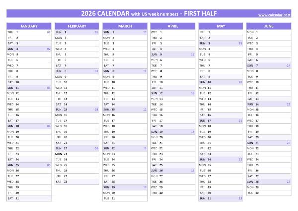 First half year calendar 2026 with US week numbers